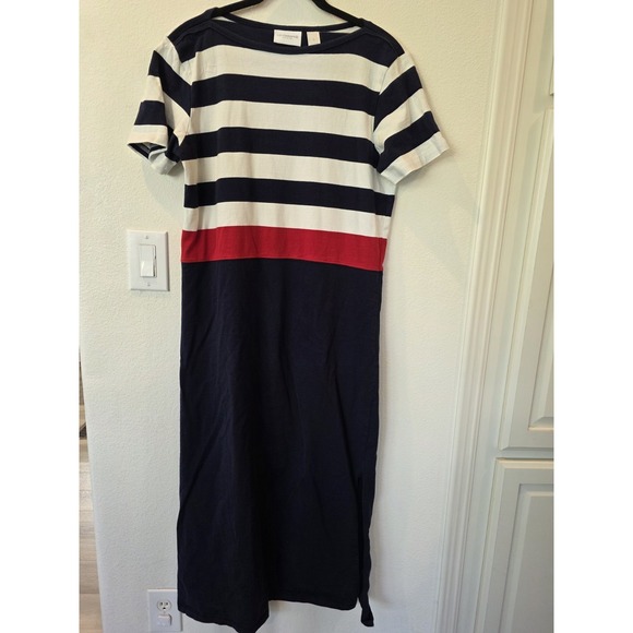 Liz Claiborne Dresses & Skirts - VTG Liz Claiborne Nautical MaxiDress Sz M SideSlit Cotton NavyRedStripe Coastal